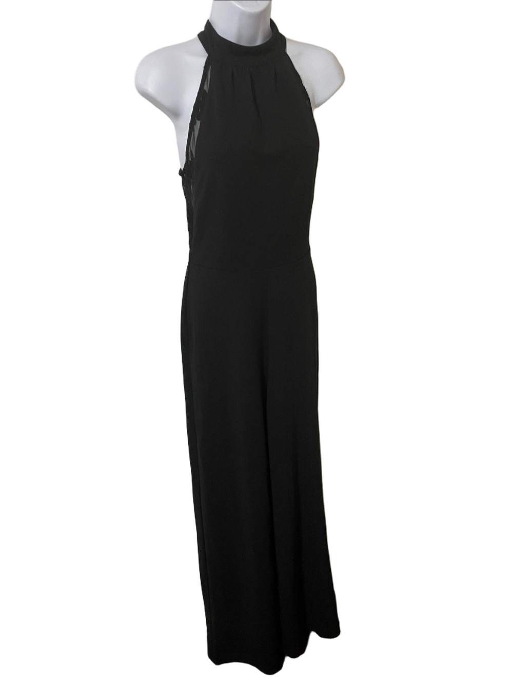 Lulus Black Halter Wide-Leg with Lace Detail Jumpsuit Size Small